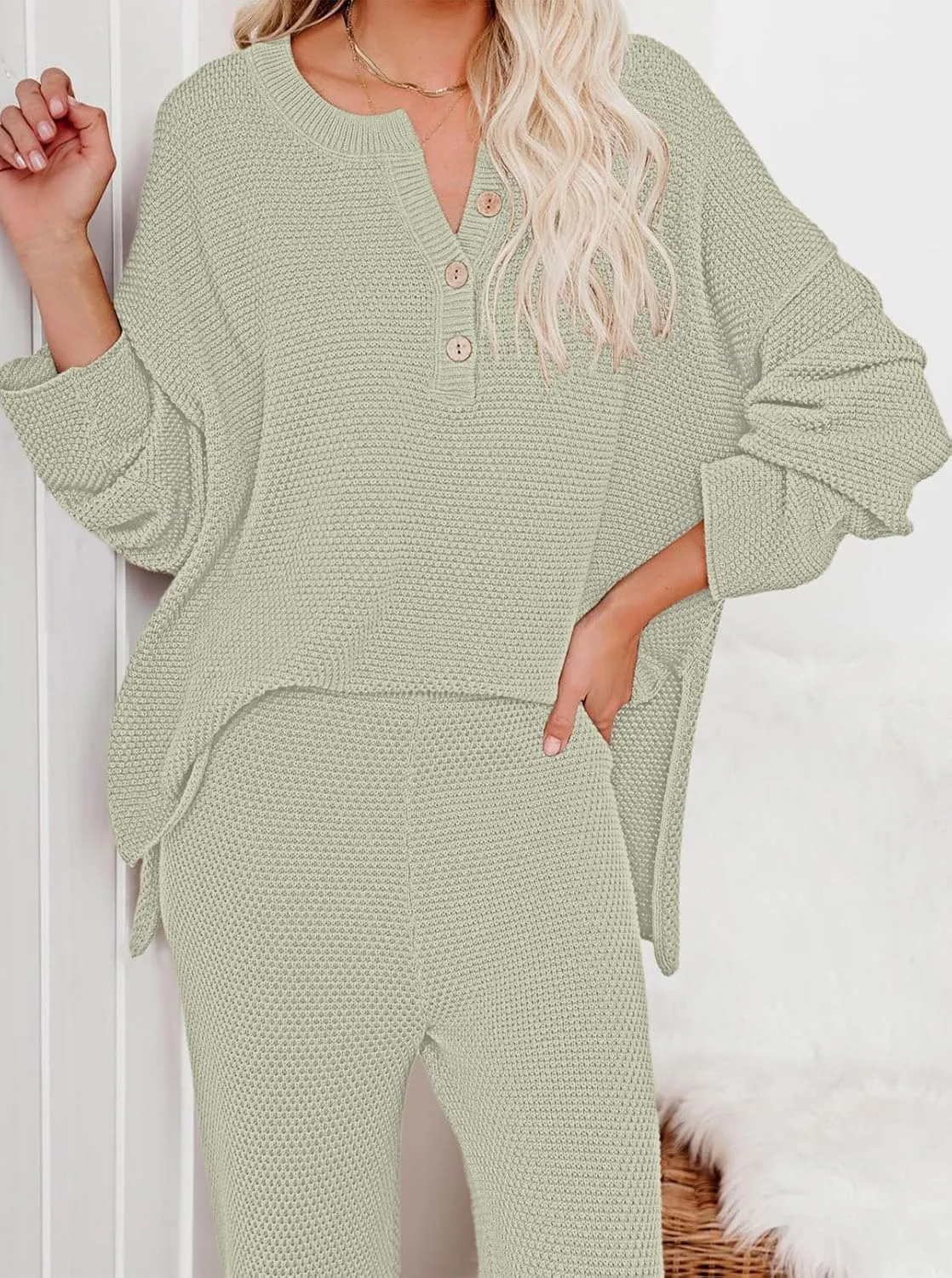 Pink Queen Women's 2 Piece Outfit Set Long Sleeve Button Pullover Sweater Top and Wide Leg Pants Knit Sweatsuit