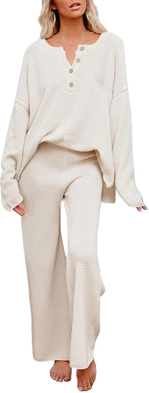 Pink Queen Women's 2 Piece Outfit Set Long Sleeve Button Pullover Sweater Top and Wide Leg Pants Knit Sweatsuit