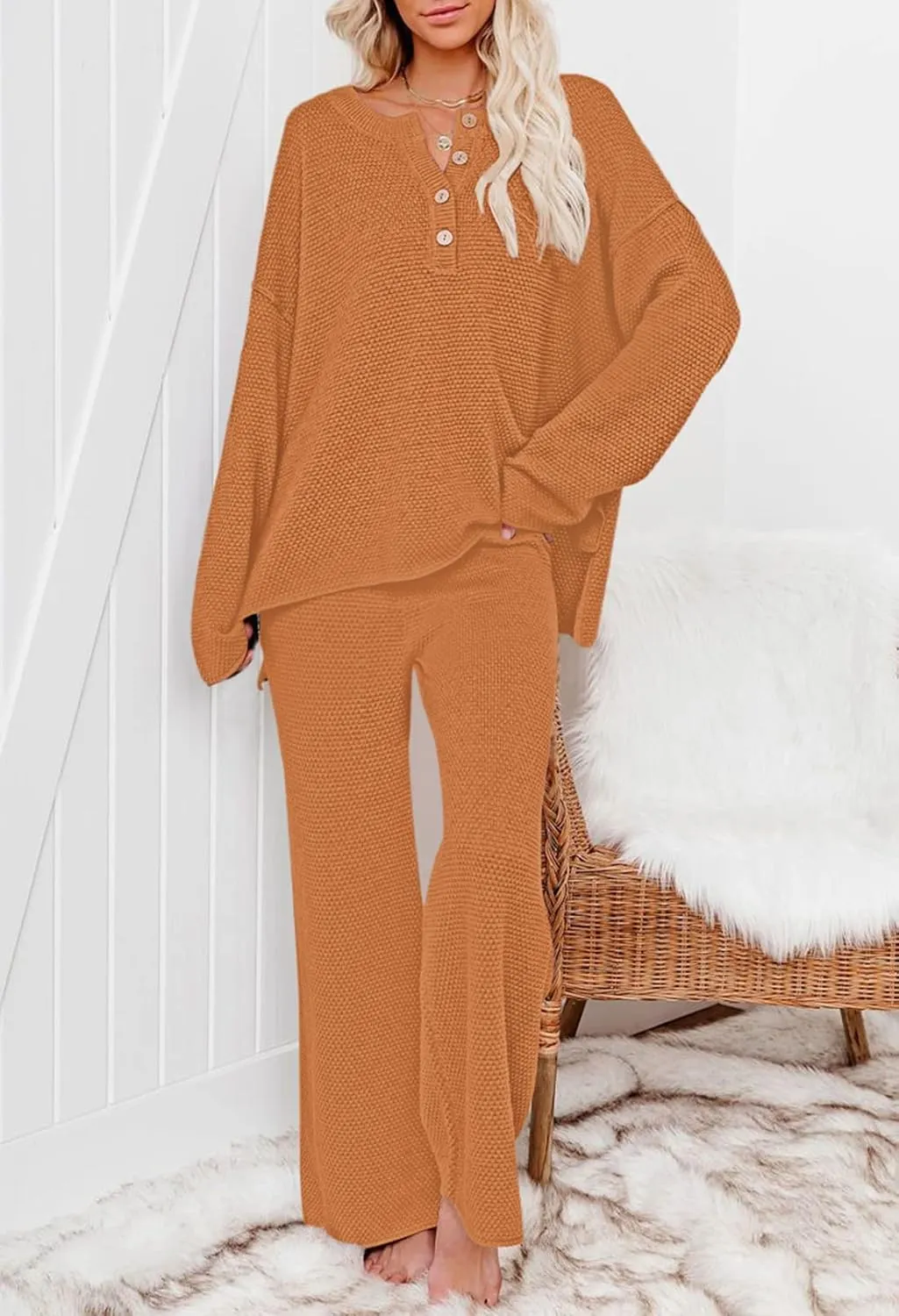 Pink Queen Women's 2 Piece Outfit Set Long Sleeve Button Pullover Sweater Top and Wide Leg Pants Knit Sweatsuit