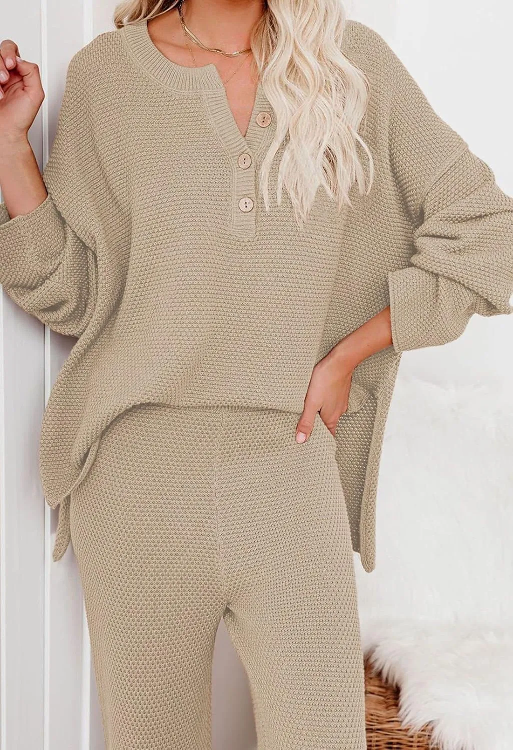 Pink Queen Women's 2 Piece Outfit Set Long Sleeve Button Pullover Sweater Top and Wide Leg Pants Knit Sweatsuit