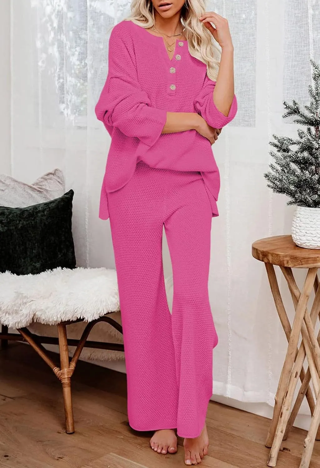 Pink Queen Women's 2 Piece Outfit Set Long Sleeve Button Pullover Sweater Top and Wide Leg Pants Knit Sweatsuit