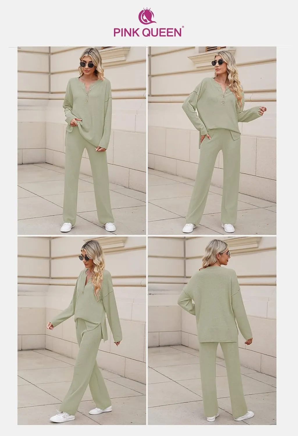 Pink Queen Women's 2 Piece Outfit Set Long Sleeve Button Pullover Sweater Top and Wide Leg Pants Knit Sweatsuit