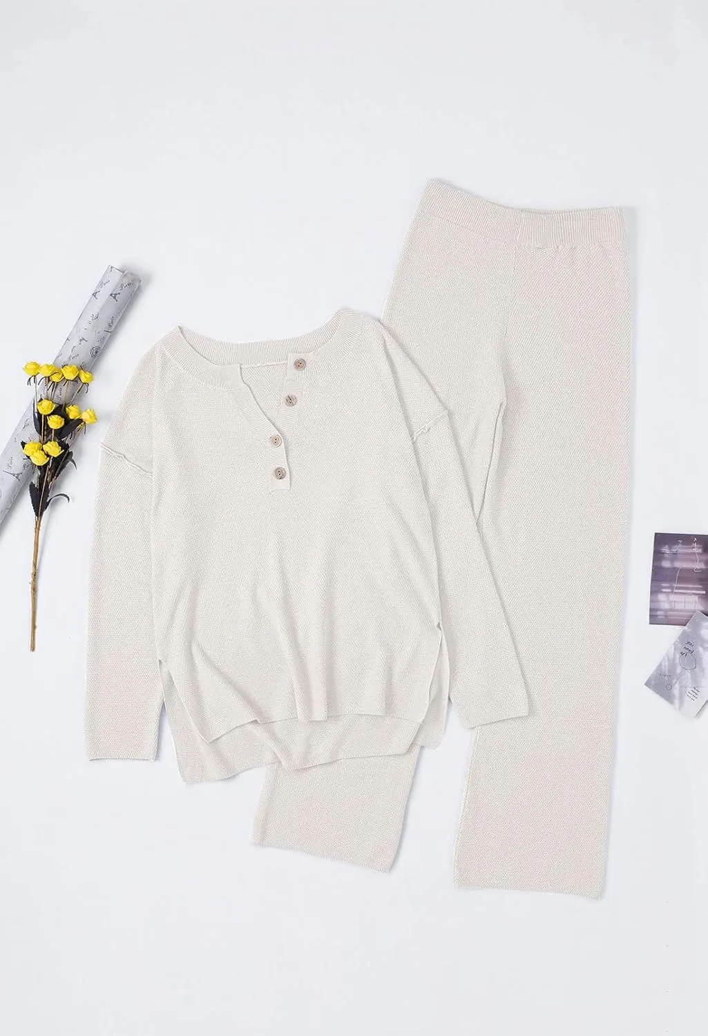 Pink Queen Women's 2 Piece Outfit Set Long Sleeve Button Pullover Sweater Top and Wide Leg Pants Knit Sweatsuit
