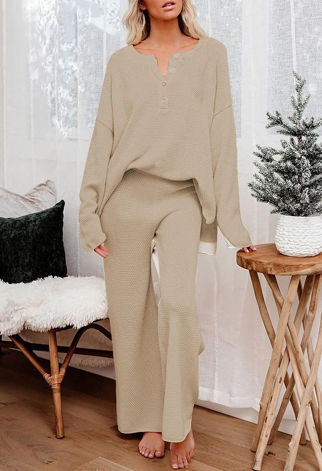 Pink Queen Women's 2 Piece Outfit Set Long Sleeve Button Pullover Sweater Top and Wide Leg Pants Knit Sweatsuit