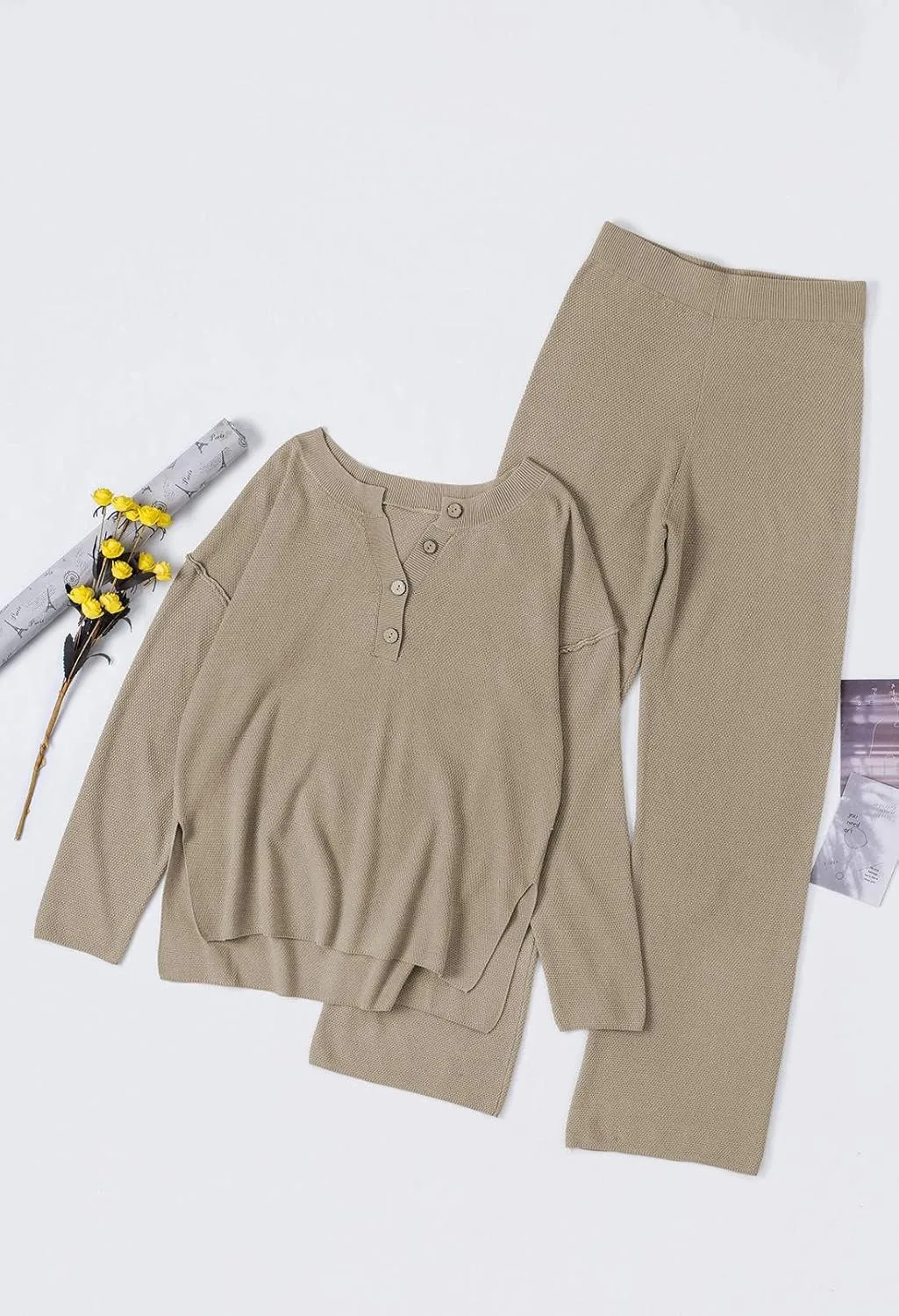 Pink Queen Women's 2 Piece Outfit Set Long Sleeve Button Pullover Sweater Top and Wide Leg Pants Knit Sweatsuit