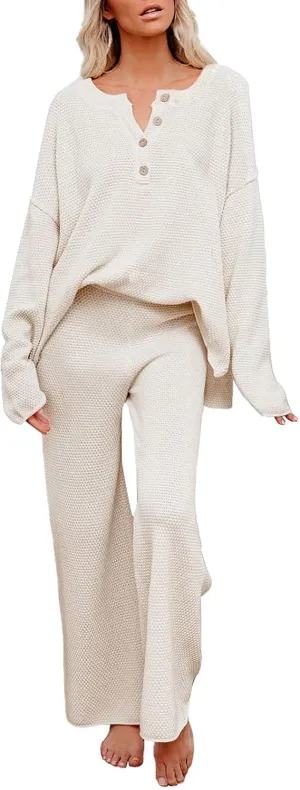 Pink Queen Women's 2 Piece Outfit Set Long Sleeve Button Pullover Sweater Top and Wide Leg Pants Knit Sweatsuit