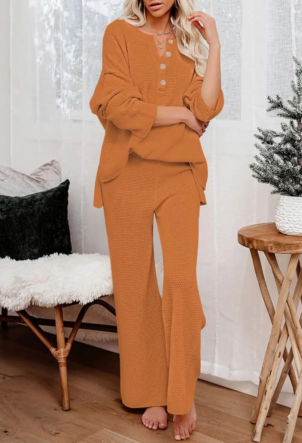 Pink Queen Women's 2 Piece Outfit Set Long Sleeve Button Pullover Sweater Top and Wide Leg Pants Knit Sweatsuit
