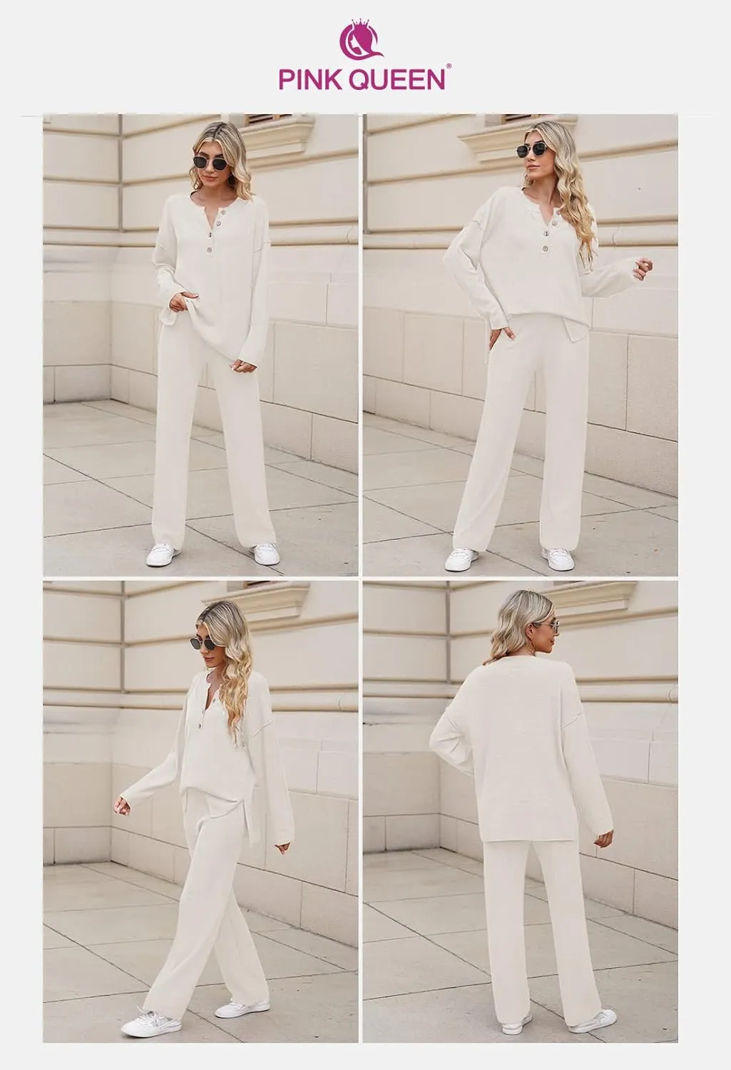 Pink Queen Women's 2 Piece Outfit Set Long Sleeve Button Pullover Sweater Top and Wide Leg Pants Knit Sweatsuit