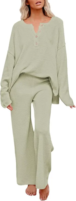 Pink Queen Women's 2 Piece Outfit Set Long Sleeve Button Pullover Sweater Top and Wide Leg Pants Knit Sweatsuit