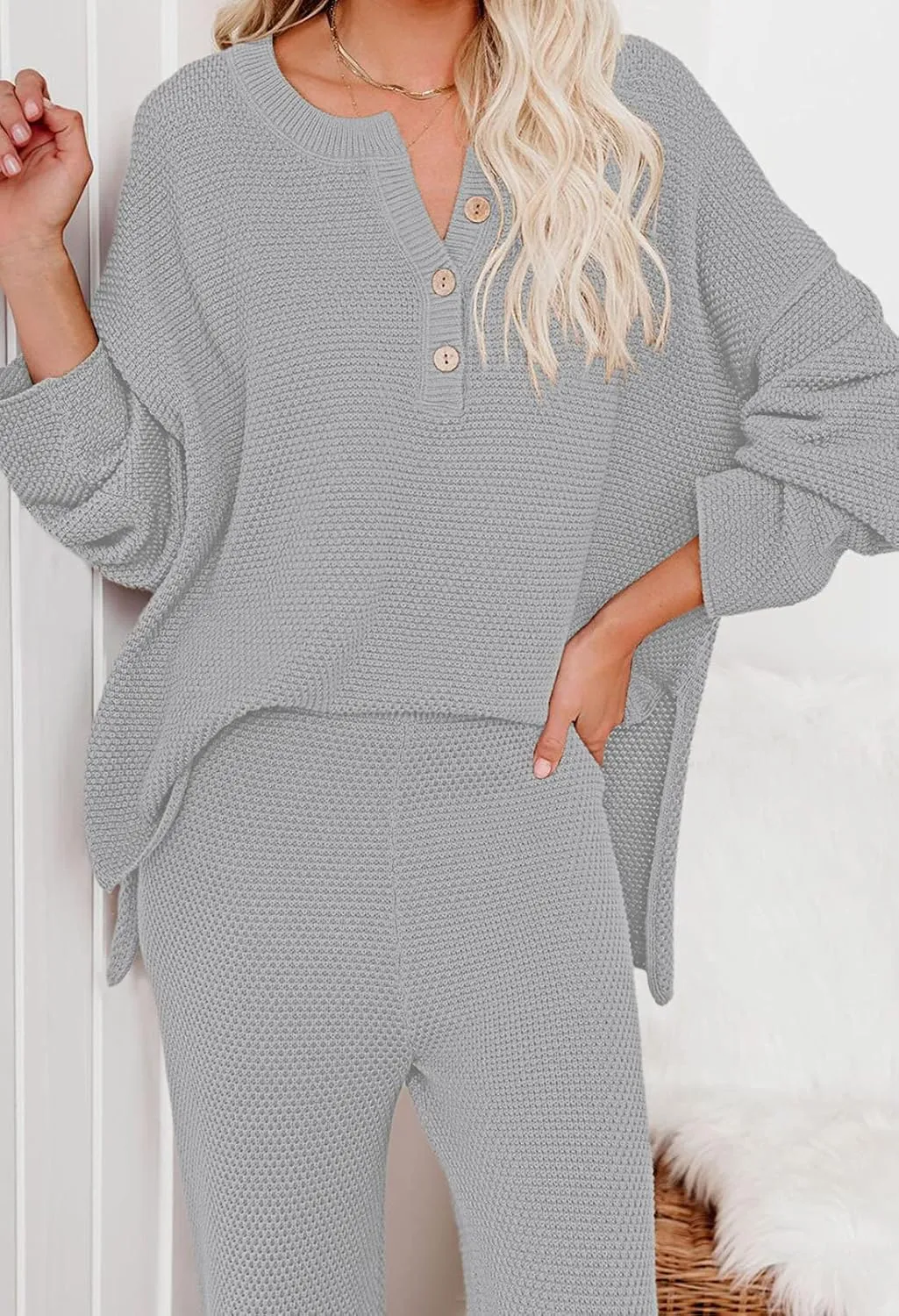 Pink Queen Women's 2 Piece Outfit Set Long Sleeve Button Pullover Sweater Top and Wide Leg Pants Knit Sweatsuit