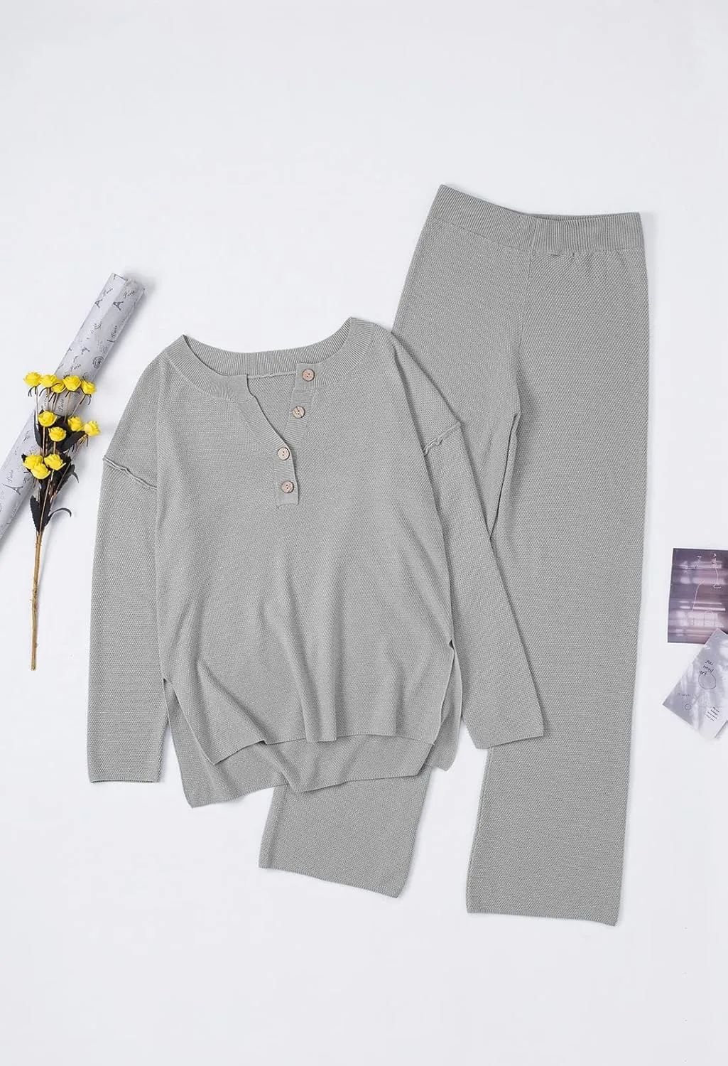 Pink Queen Women's 2 Piece Outfit Set Long Sleeve Button Pullover Sweater Top and Wide Leg Pants Knit Sweatsuit