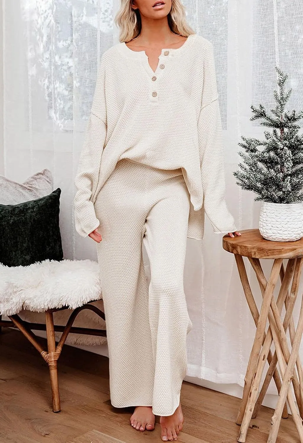 Pink Queen Women's 2 Piece Outfit Set Long Sleeve Button Pullover Sweater Top and Wide Leg Pants Knit Sweatsuit