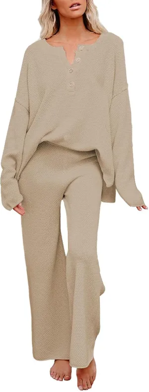 Pink Queen Women's 2 Piece Outfit Set Long Sleeve Button Pullover Sweater Top and Wide Leg Pants Knit Sweatsuit