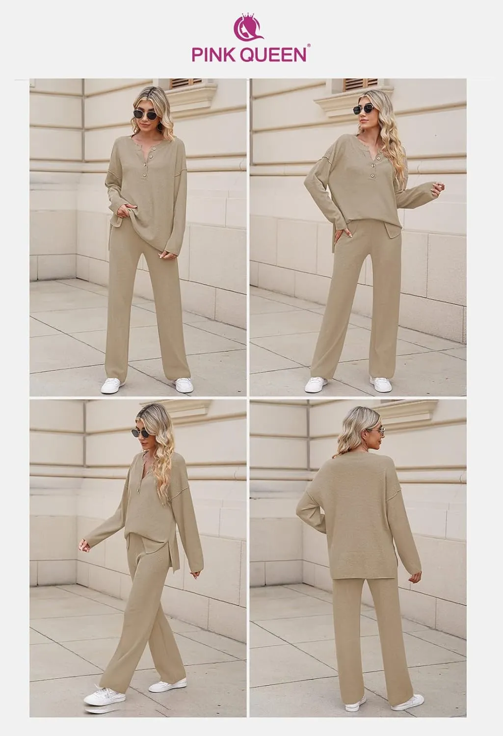 Pink Queen Women's 2 Piece Outfit Set Long Sleeve Button Pullover Sweater Top and Wide Leg Pants Knit Sweatsuit