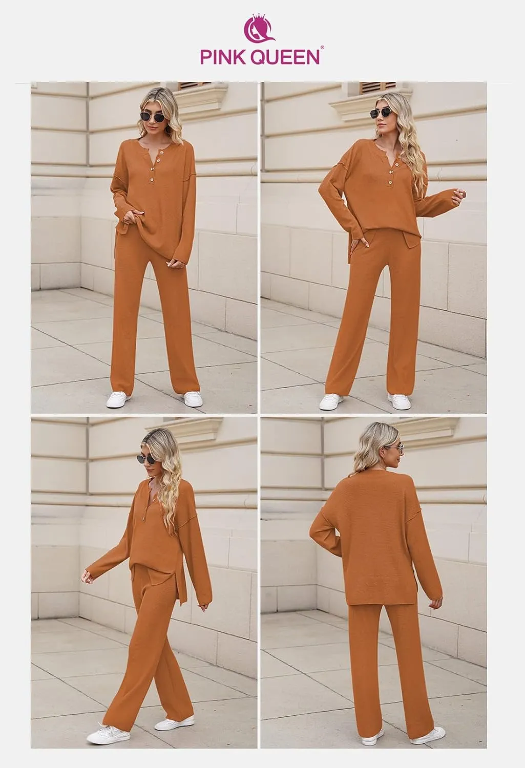 Pink Queen Women's 2 Piece Outfit Set Long Sleeve Button Pullover Sweater Top and Wide Leg Pants Knit Sweatsuit