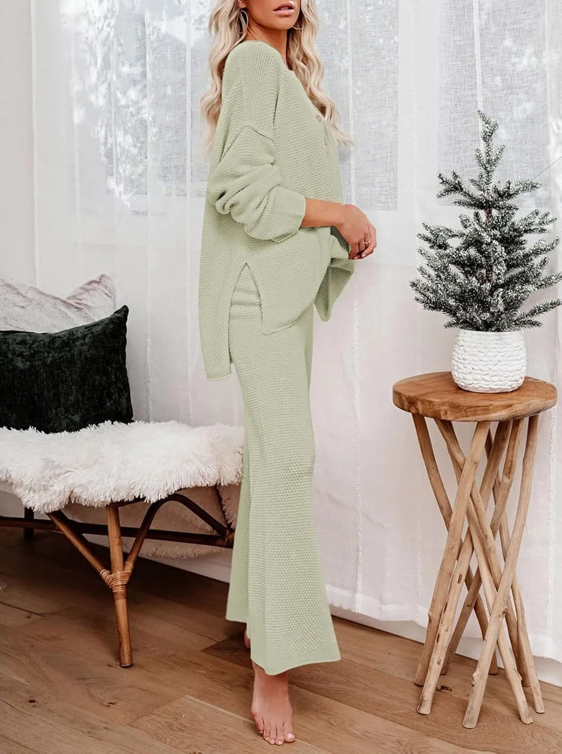 Pink Queen Women's 2 Piece Outfit Set Long Sleeve Button Pullover Sweater Top and Wide Leg Pants Knit Sweatsuit