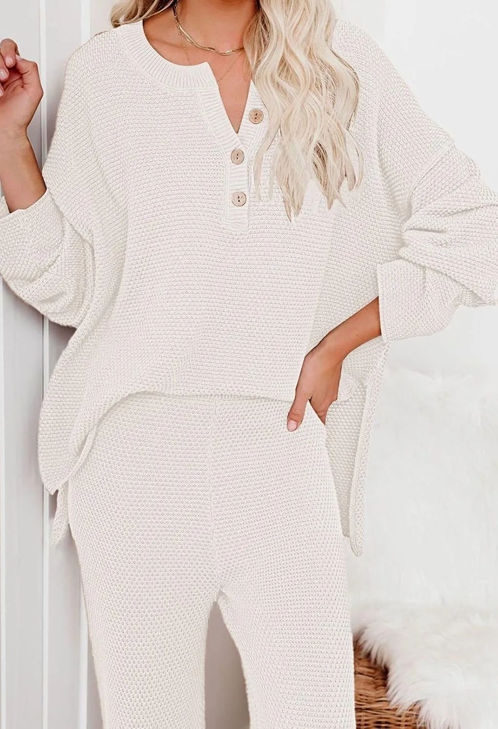 Pink Queen Women's 2 Piece Outfit Set Long Sleeve Button Pullover Sweater Top and Wide Leg Pants Knit Sweatsuit