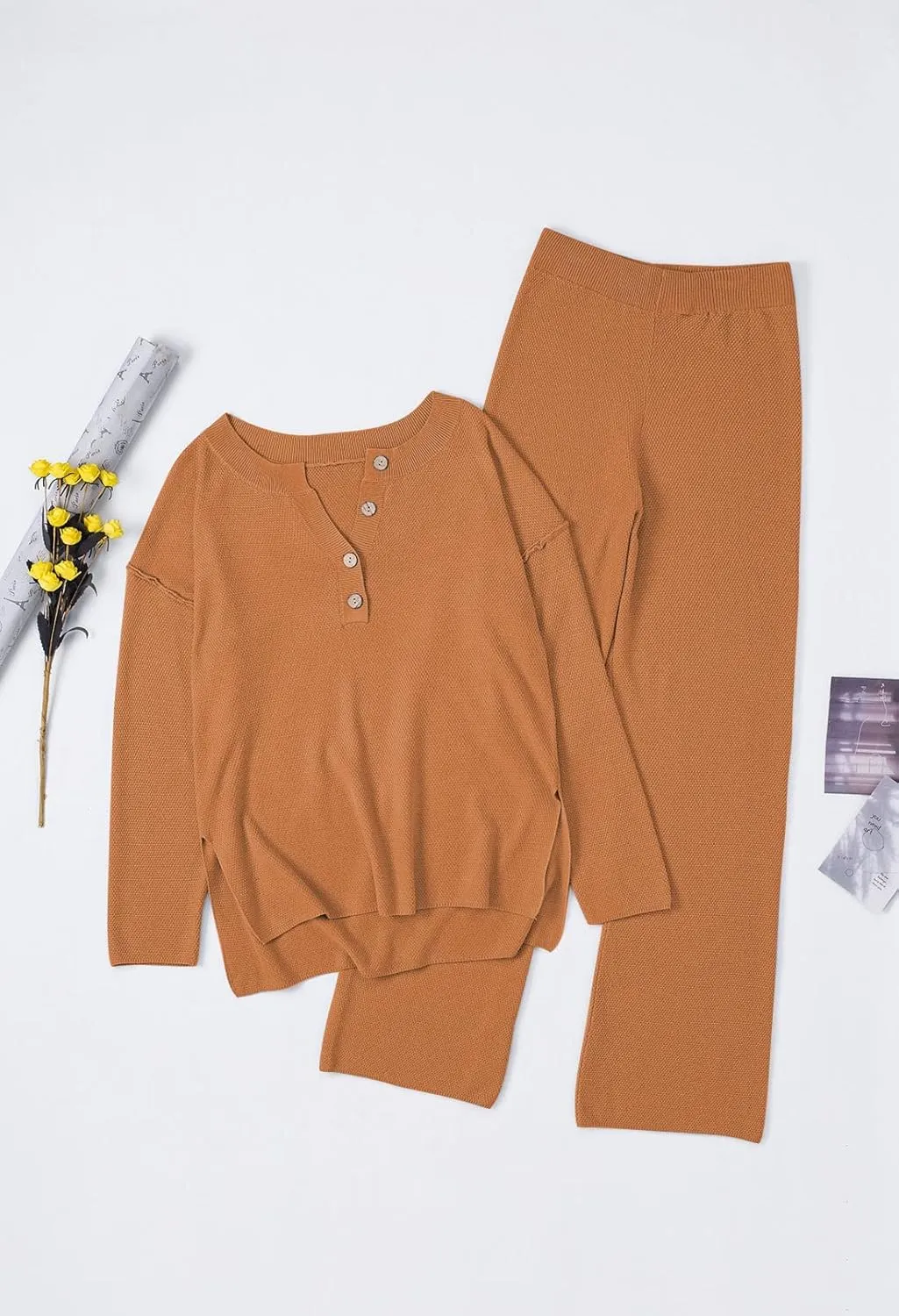 Pink Queen Women's 2 Piece Outfit Set Long Sleeve Button Pullover Sweater Top and Wide Leg Pants Knit Sweatsuit