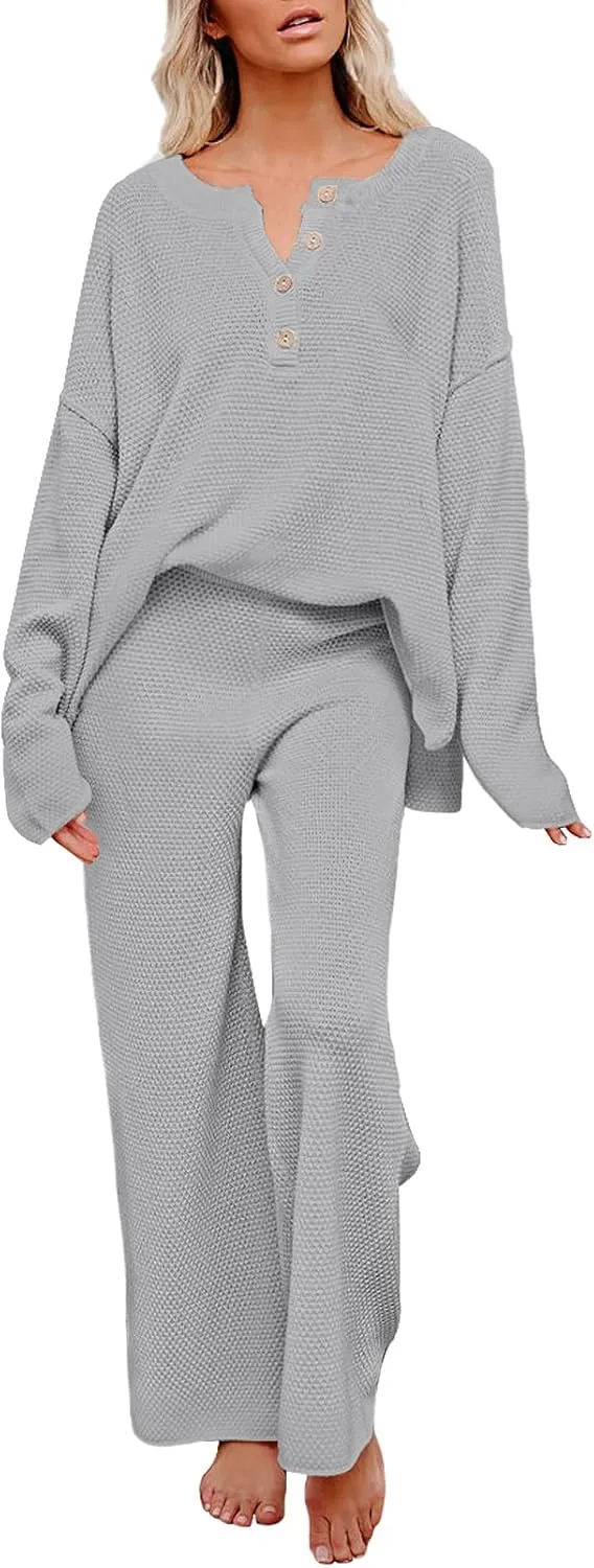 Pink Queen Women's 2 Piece Outfit Set Long Sleeve Button Pullover Sweater Top and Wide Leg Pants Knit Sweatsuit