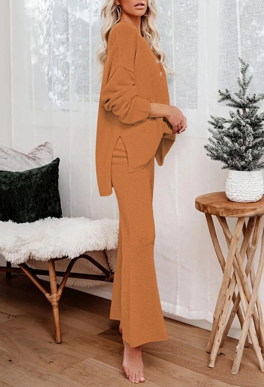 Pink Queen Women's 2 Piece Outfit Set Long Sleeve Button Pullover Sweater Top and Wide Leg Pants Knit Sweatsuit