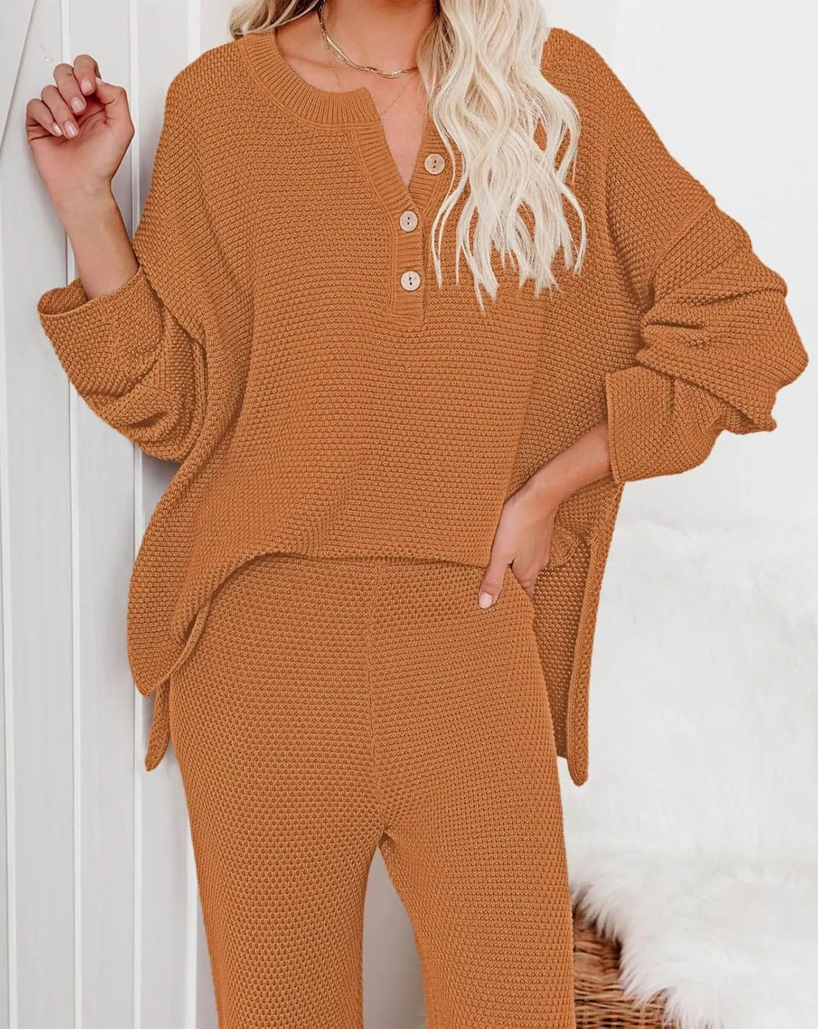 Pink Queen Women's 2 Piece Outfit Set Long Sleeve Button Pullover Sweater Top and Wide Leg Pants Knit Sweatsuit