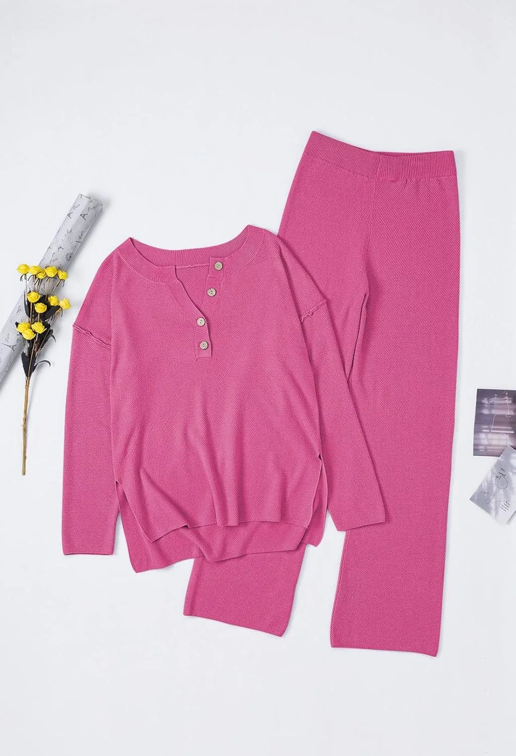 Pink Queen Women's 2 Piece Outfit Set Long Sleeve Button Pullover Sweater Top and Wide Leg Pants Knit Sweatsuit