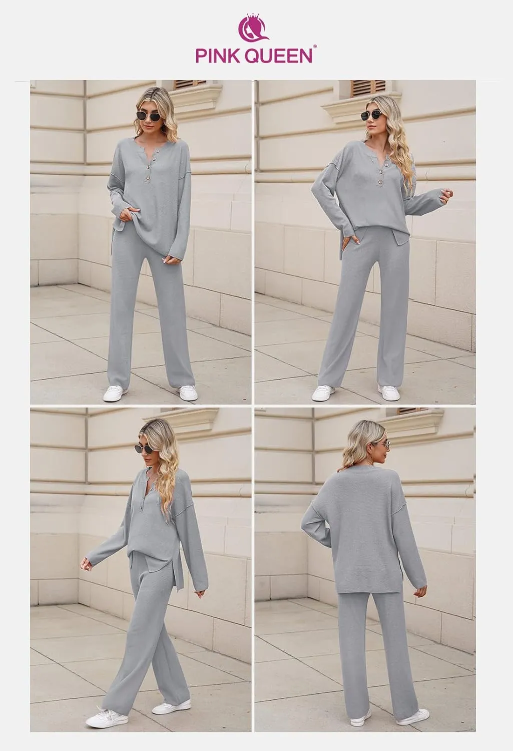 Pink Queen Women's 2 Piece Outfit Set Long Sleeve Button Pullover Sweater Top and Wide Leg Pants Knit Sweatsuit