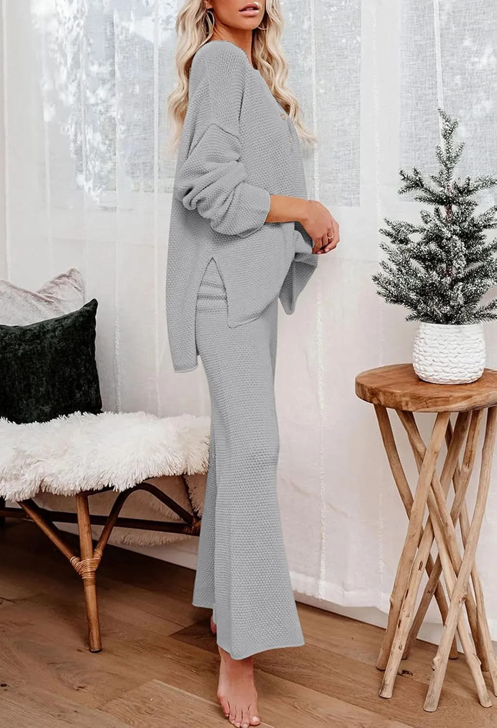 Pink Queen Women's 2 Piece Outfit Set Long Sleeve Button Pullover Sweater Top and Wide Leg Pants Knit Sweatsuit