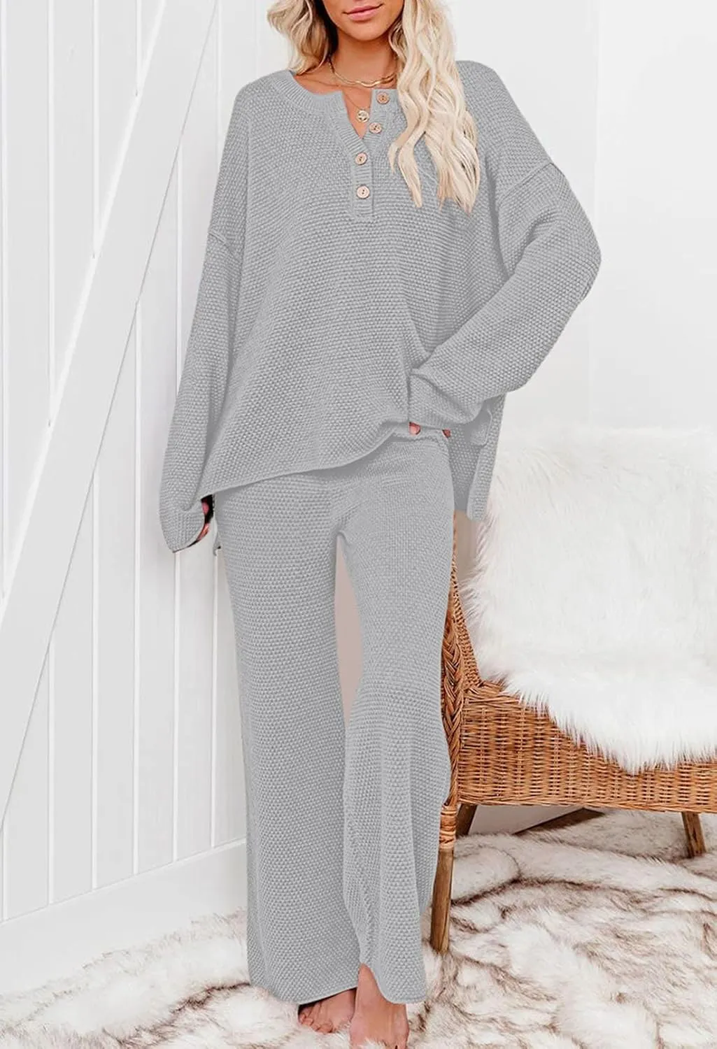 Pink Queen Women's 2 Piece Outfit Set Long Sleeve Button Pullover Sweater Top and Wide Leg Pants Knit Sweatsuit