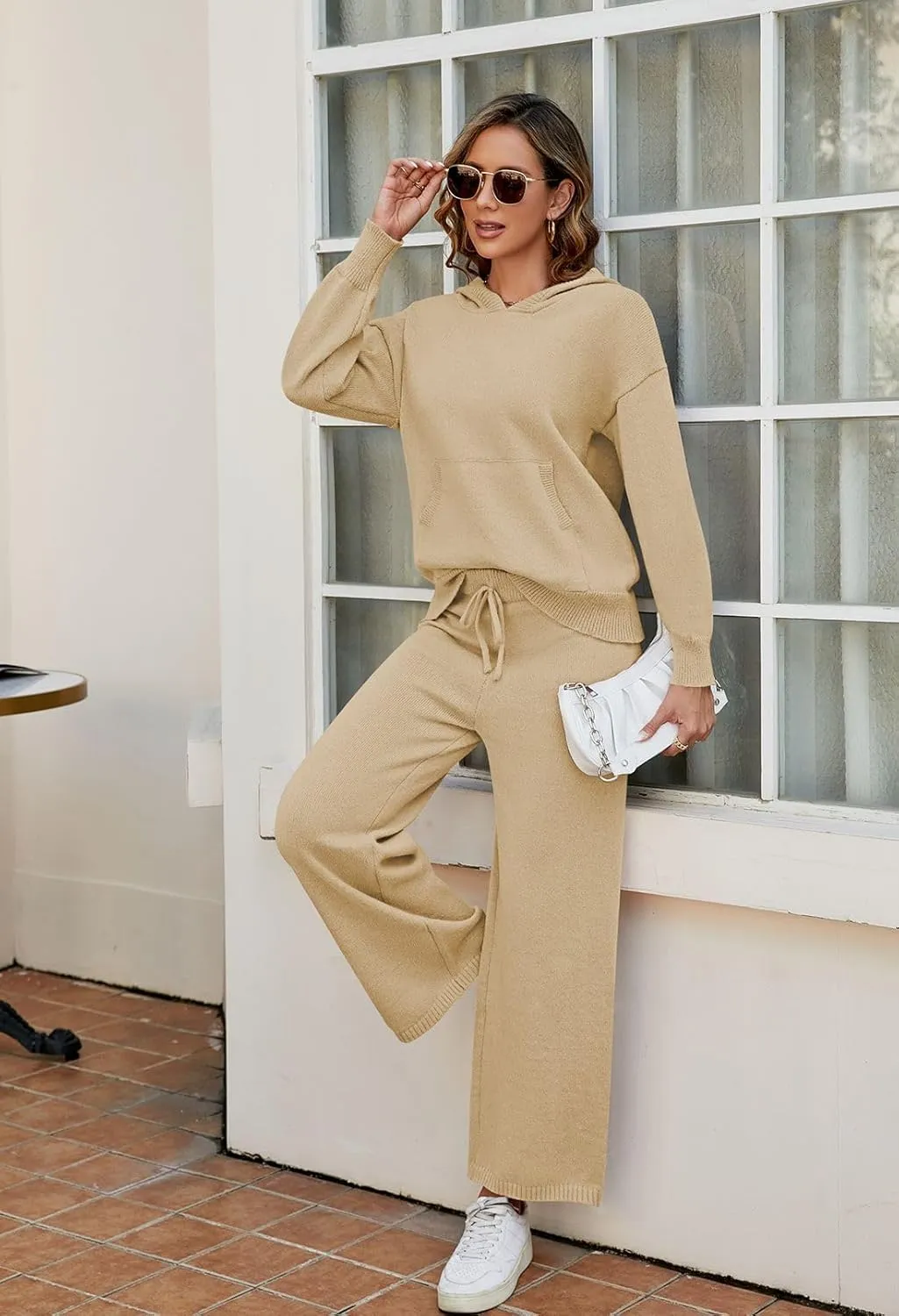 Pink Queen Women's 2 Piece Sweater Outfits Set Oversized Pullover Hoodie Wide Leg Pants Loose Knitted Sweatsuit