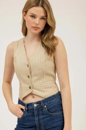 PINSTRIPE BUTTON DOWN BACK TIE VEST TOP