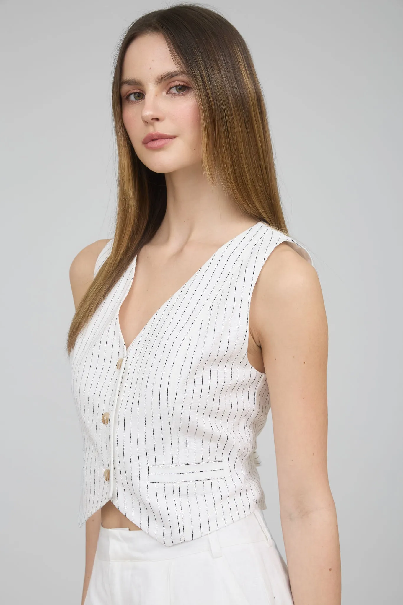 PINSTRIPE BUTTON DOWN BACK TIE VEST TOP