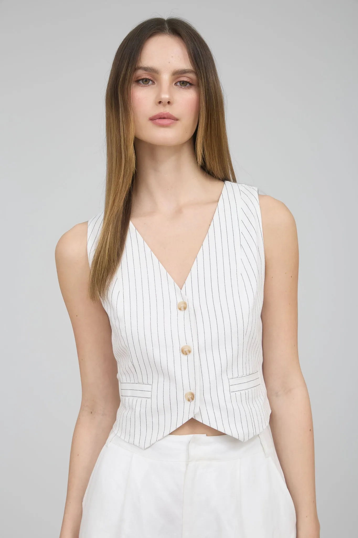 PINSTRIPE BUTTON DOWN BACK TIE VEST TOP