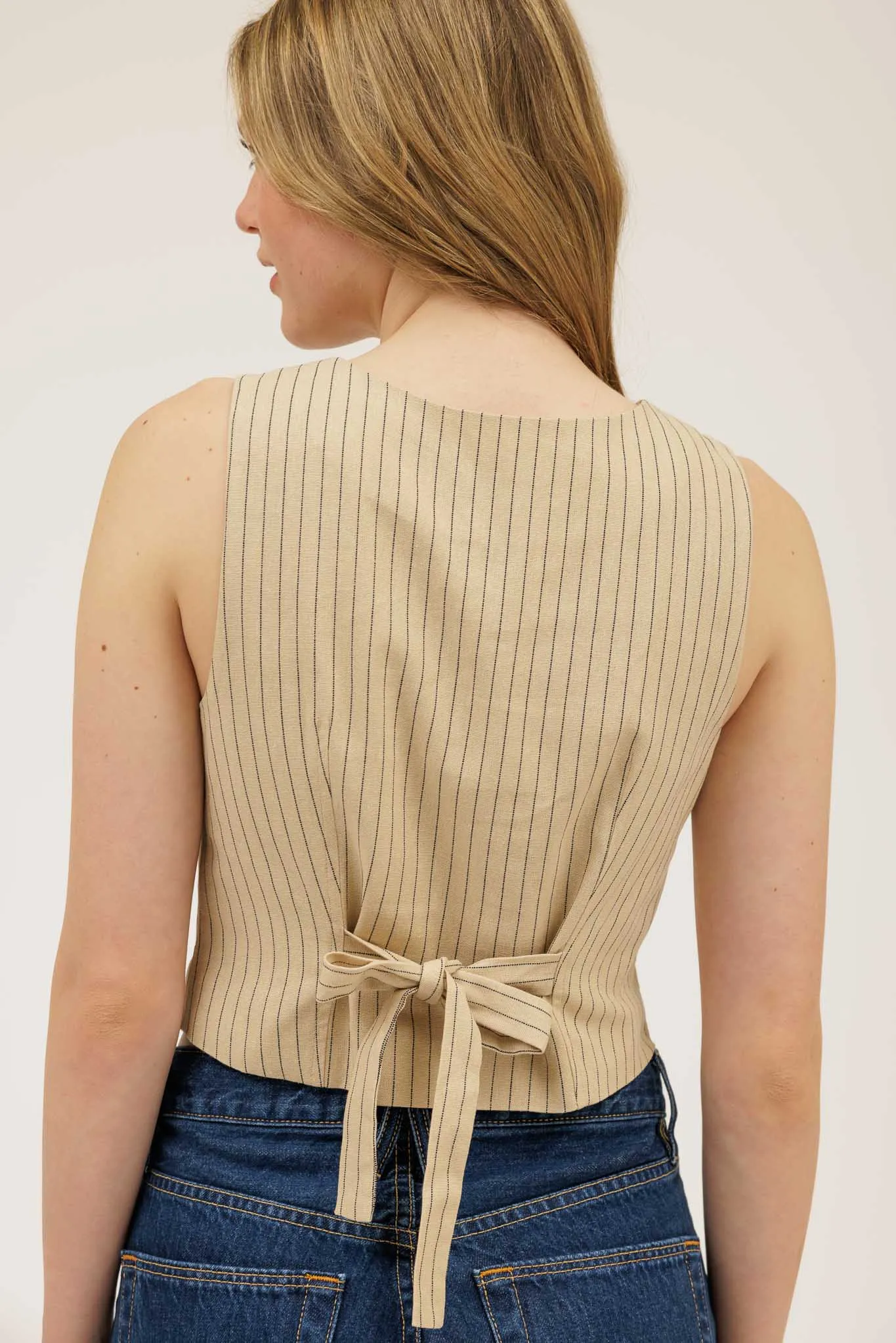 PINSTRIPE BUTTON DOWN BACK TIE VEST TOP