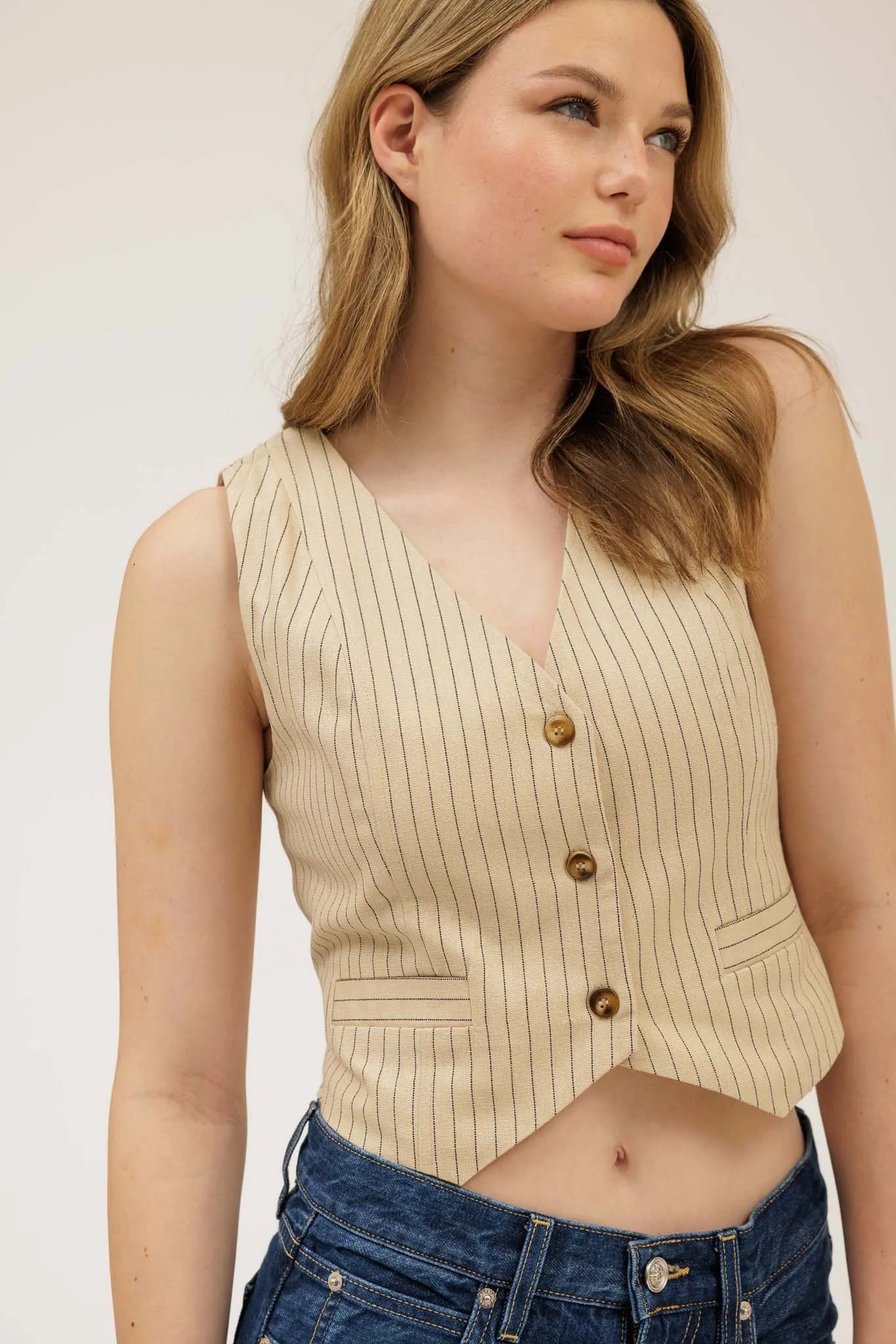 PINSTRIPE BUTTON DOWN BACK TIE VEST TOP