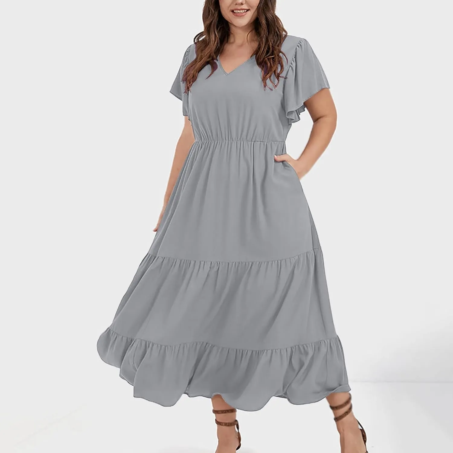 Plus Size Summer Dresses Casual Sleeveless High Waist Smocked Sundress V Neck Loose Beach Long Dress with Pockets