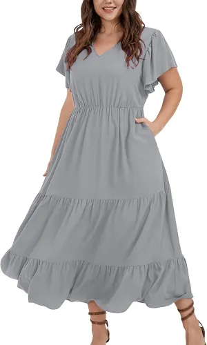 Plus Size Summer Dresses Casual Sleeveless High Waist Smocked Sundress V Neck Loose Beach Long Dress with Pockets