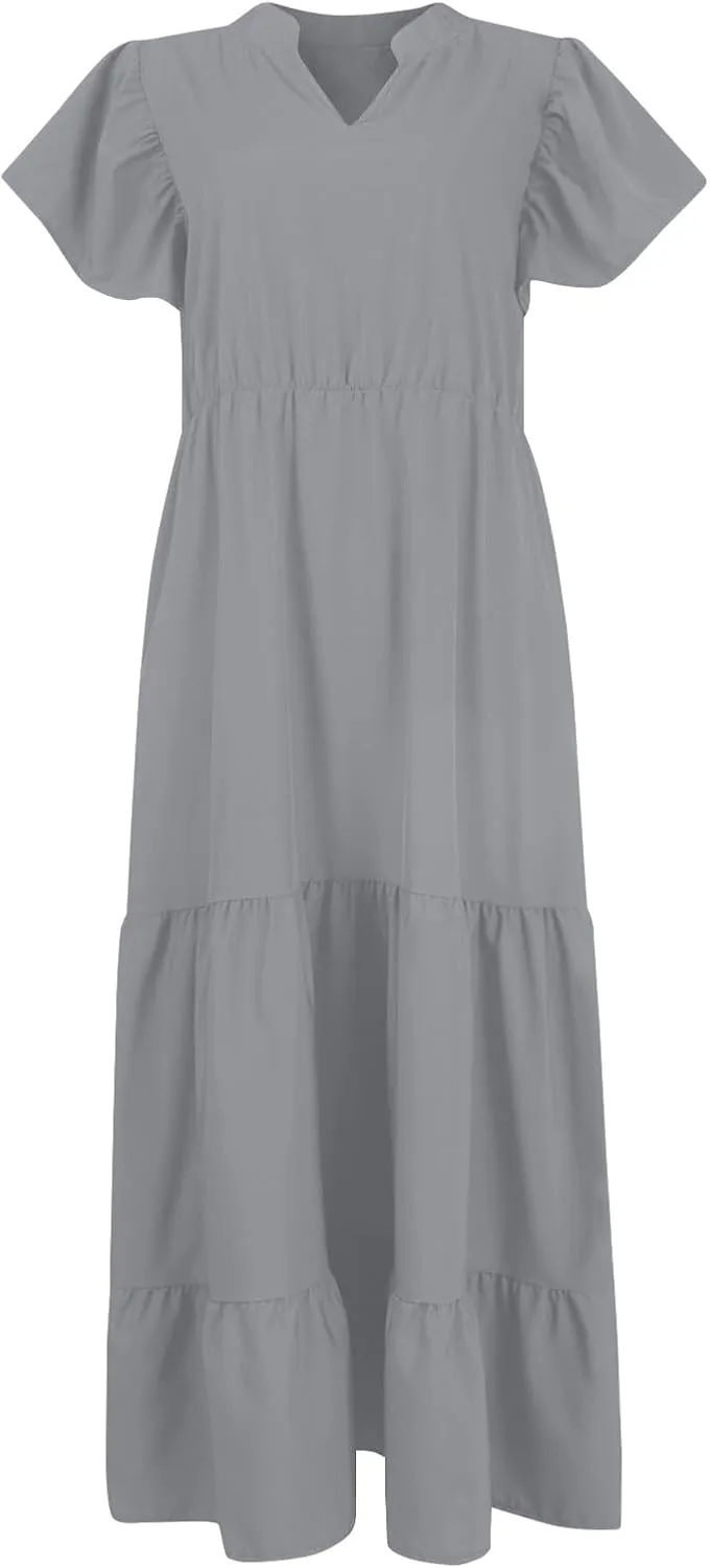 Plus Size Summer Dresses Casual Sleeveless High Waist Smocked Sundress V Neck Loose Beach Long Dress with Pockets