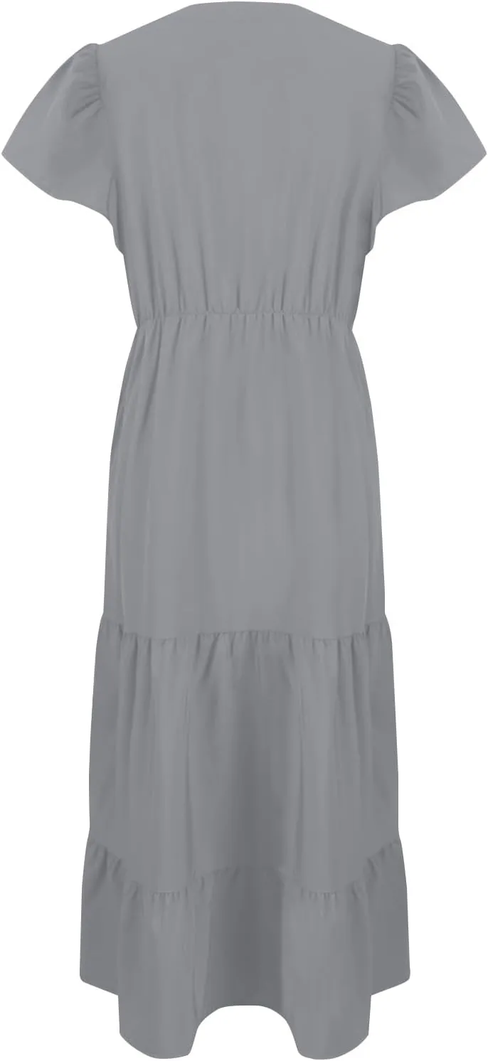 Plus Size Summer Dresses Casual Sleeveless High Waist Smocked Sundress V Neck Loose Beach Long Dress with Pockets