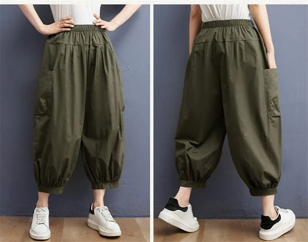 Pulcykp Women Linen Summer Harem Pants Cool Elastic Waist Cropped Trousers Wide Leg Bloomers