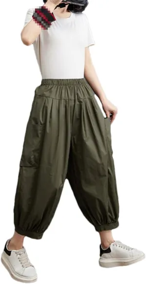 Pulcykp Women Linen Summer Harem Pants Cool Elastic Waist Cropped Trousers Wide Leg Bloomers