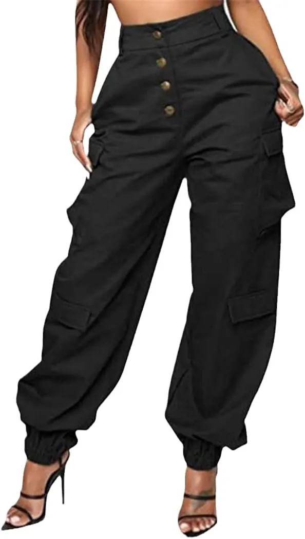 RFXZSAQD Solid Black Casual Trouser, Women Pockets High Waist Button Long Pencil Pants, Autumn Streetwear Loose Cargo Pants