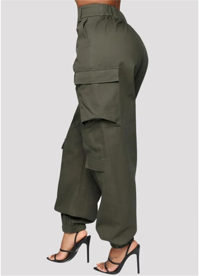 RFXZSAQD Solid Black Casual Trouser, Women Pockets High Waist Button Long Pencil Pants, Autumn Streetwear Loose Cargo Pants