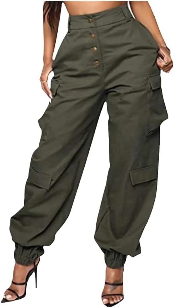 RFXZSAQD Solid Black Casual Trouser, Women Pockets High Waist Button Long Pencil Pants, Autumn Streetwear Loose Cargo Pants