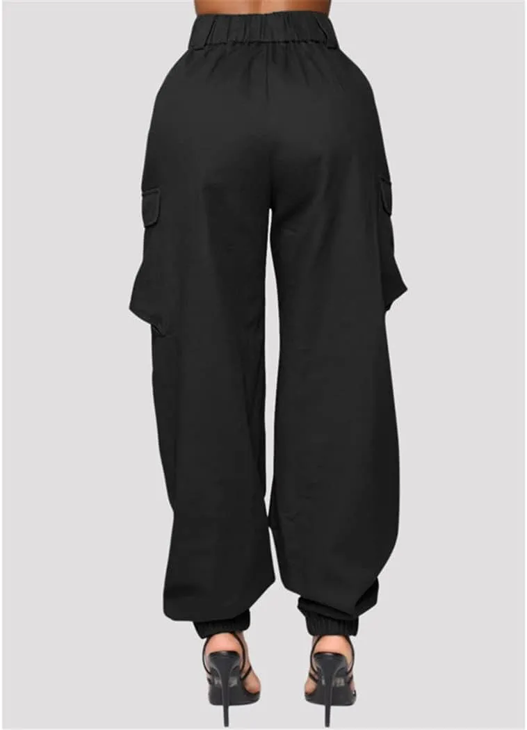 RFXZSAQD Solid Black Casual Trouser, Women Pockets High Waist Button Long Pencil Pants, Autumn Streetwear Loose Cargo Pants