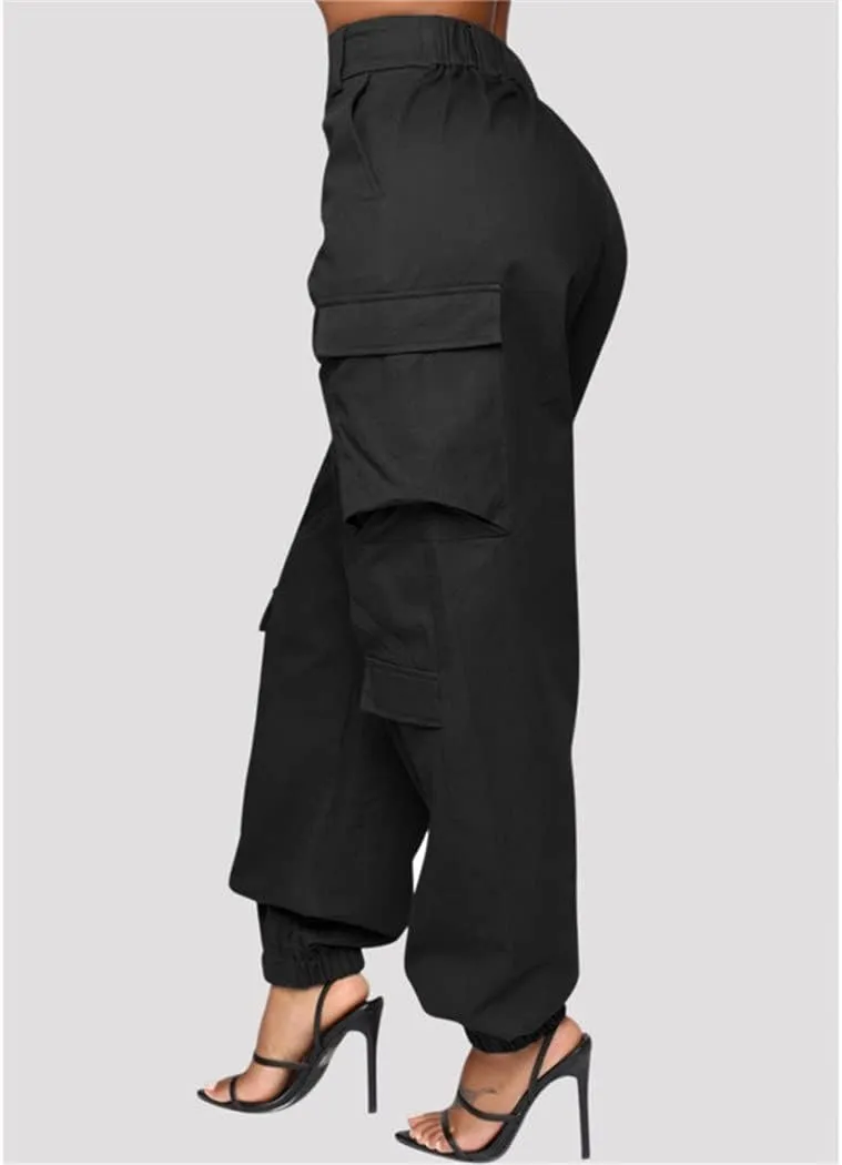 RFXZSAQD Solid Black Casual Trouser, Women Pockets High Waist Button Long Pencil Pants, Autumn Streetwear Loose Cargo Pants