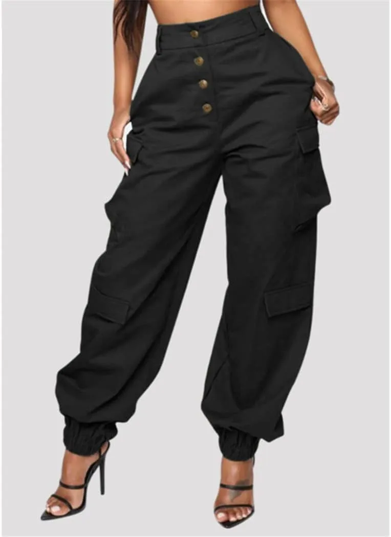 RFXZSAQD Solid Black Casual Trouser, Women Pockets High Waist Button Long Pencil Pants, Autumn Streetwear Loose Cargo Pants