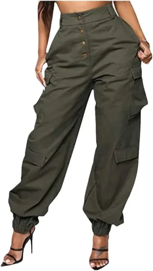 RFXZSAQD Solid Black Casual Trouser, Women Pockets High Waist Button Long Pencil Pants, Autumn Streetwear Loose Cargo Pants