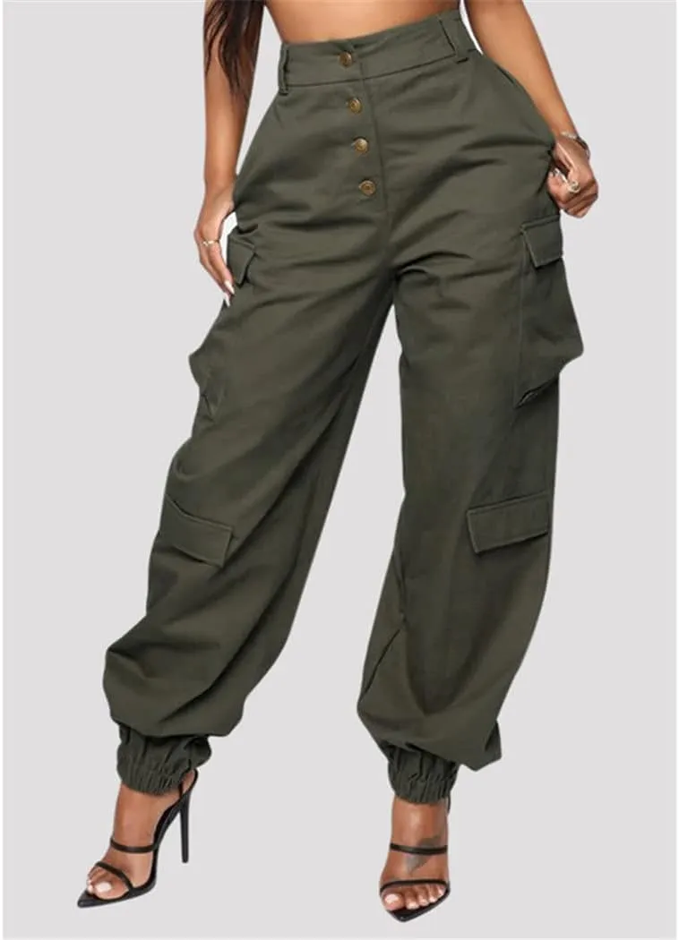 RFXZSAQD Solid Black Casual Trouser, Women Pockets High Waist Button Long Pencil Pants, Autumn Streetwear Loose Cargo Pants