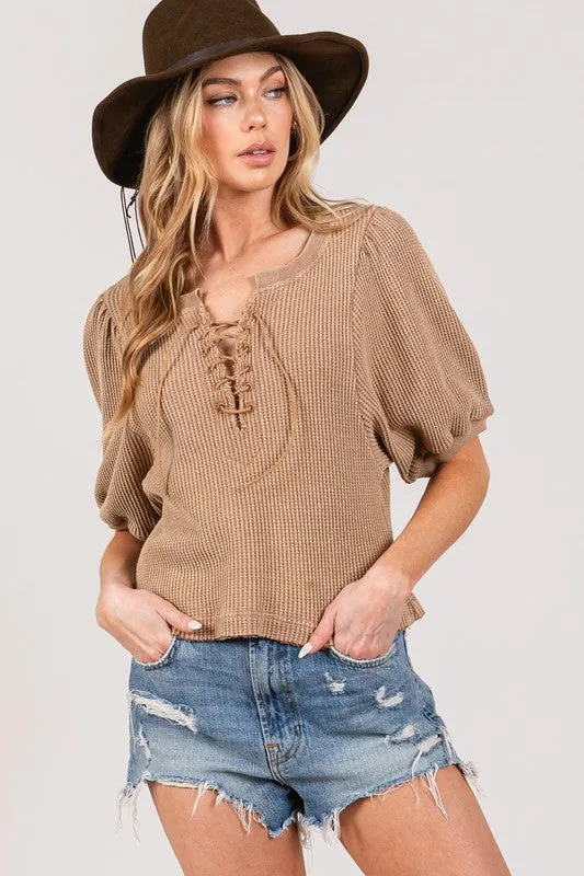 SAGE FIG Lace-Up Waffle Knit Crop Top